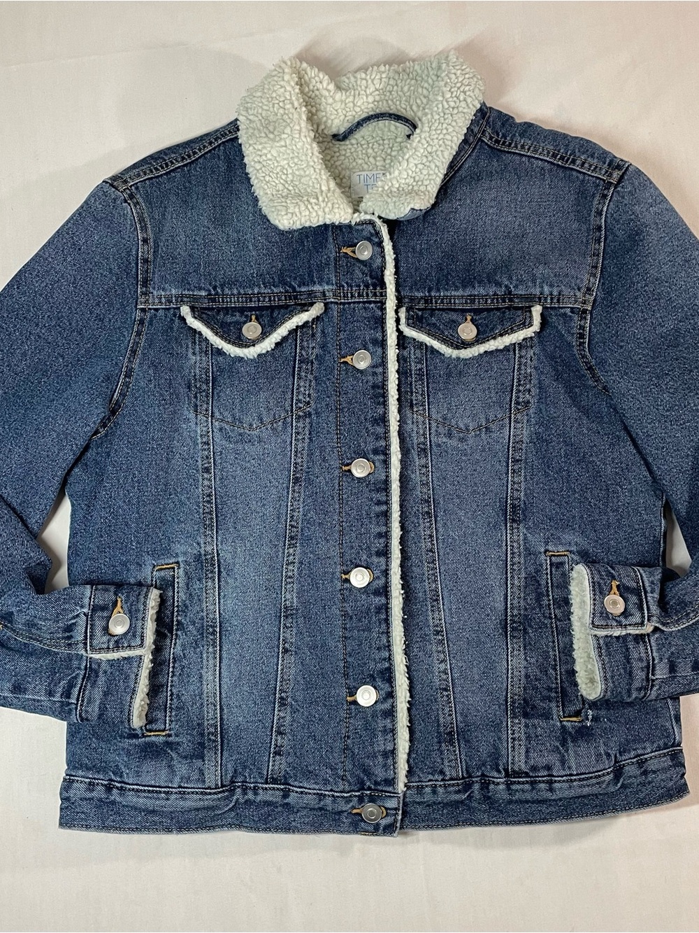 Time and Tru Blue Denim Sherpa-Lined Jacket with Cream Trim